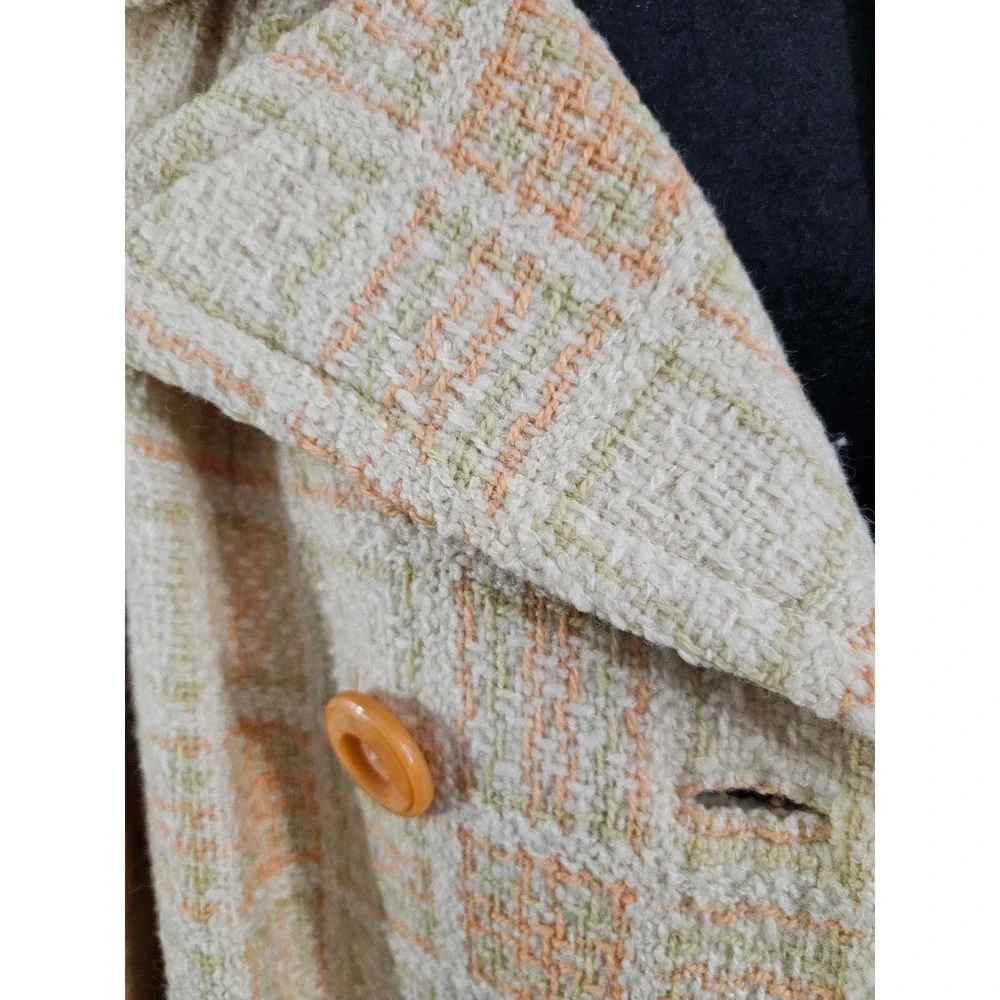 Vintage ILGWU Union Made Plaid Tweed Double Breasted Peacoat Orange‎ Green Cream